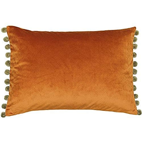 Image of Riva Paoletti Fiesta Rectangular Feather Filled Cushion Orange Green Pompom Edges-faux Velvet Fabric-discreet Zip Closure-100 Case (14" X 20" Inches), Polyester, Rust/khaki, 35 X 50cm