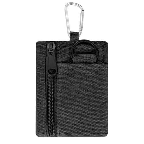 Image of Mini Coin Purse for Men Women - Canvas Zip Pouch with Carabiner & Key Ring, Portable Small Zipper Wallet for Cash Cards (Black)