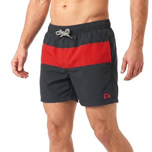 Image of RIPT Men’s Quick Dry Swim Shorts with Mesh Lining Drawstring Waist UV50 Sun Protection Beach & Swimming Trunks (Navy/Red, S)