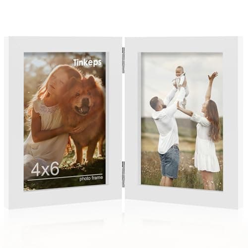 Image of Tinkeps Double Photo Frame 6x4, Hinged Folding Picture Frames 4x6 for Tabletop Display, White.