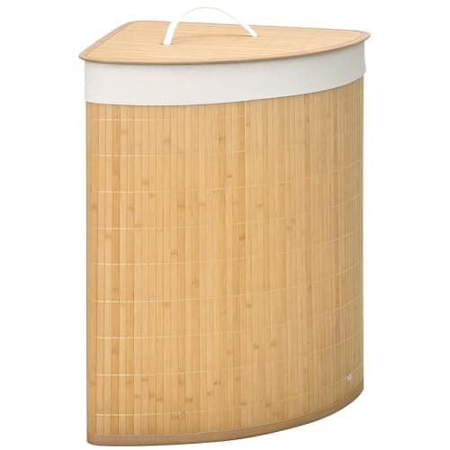 Image of Homcom Bamboo Laundry Basket 55L Capacity Fan Shaped Laundry Basket with Lid and Removable Bag 38 x 38 x 57 cm Natural