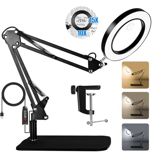 Image of 15X 10X Magnifying Glass with Light and Stand, 2 in 1 Magnifying Desk Lamp with Clamp & Base, 3 Color Modes Dimmable with Swing Arm, LED Lighted Magnifier Light for Reading, Repair, Crafts, Close Work
