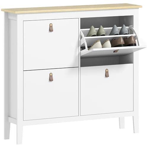 Image of HOMCOM 4 Drawer Shoe Cabinet with Flip Doors, Narrow Shoe Storage Cabinet with Removable and Adjustable Shelves, 20 Pairs Footwear Cupboard for Hallway, Entryway, 105 x 24 x 95.5 cm, White