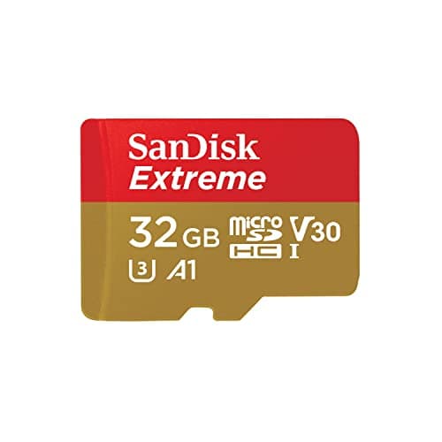 Image of SanDisk Extreme 32 GB microSDHC Memory Card + SD Adapter with A1 App Performance + Rescue Pro Deluxe, Up to 100 MB/s, Class 10, UHS-I, U3, V30, Red/Gold