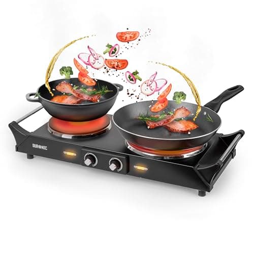 Image of Duronic Hot Plate HP2 BK, Table Top Cooking, 2500W Black Steel Electric Double Hob with Handles, 2 Cast Iron Portable Hob Burner Rings (1500W & 1000W) for Home Kitchen, Pots, Camping