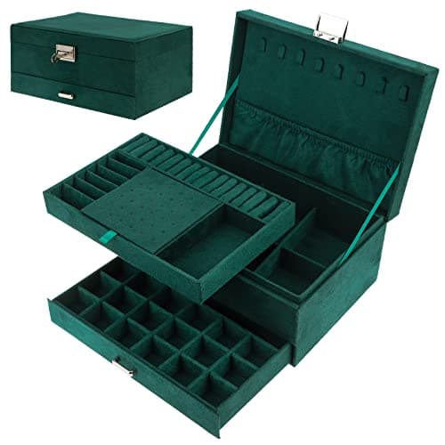 Image of WWmily Vintage Green Flannel Jewelry Box for Women Girls, 3-Layer Large Capacity Retro Velvet Jewelry Organiser Storage Case Lockable for Earrings Necklace Bracelets Rings and Watches (Dark Green)