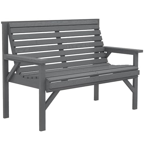 Image of Outsunny 2 Seater Wooden Garden Bench, Slatted Patio Bench with Armrest and Backrest, Outdoor Furniture with Fir Wood Frame for Indoor, Balcony, Porch, Patio, Grey