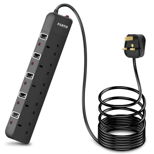 Image of PARTH 5 Way Extension Lead Surge Protected UK Plug Extension Socket With 4M Extra Long Cord Surge Protection Black Extension Cable Individual Switches Heavy Duty Power Strip 5 Gang Sockets 3250W/13A