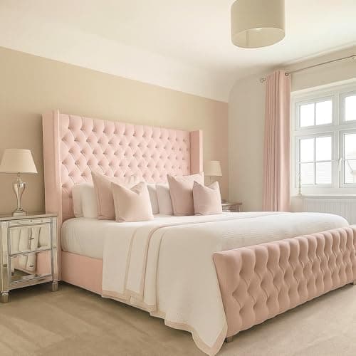 Image of Bespoke Chesterfield Chelsea Wing Bed Frame - UK made - Single/Double/King/Super King Size Plush Velvet Fabric Upholstered (Baby Pink Plush, Single 3ft)