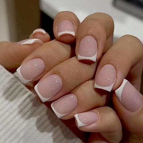 Image of 24 Pcs French False Nails - Press on Nails - Full Cover False Nails Nude White Square Stick on Nails - French Fake Nails Stick on Nails for Women and Girlfriend Nail Art