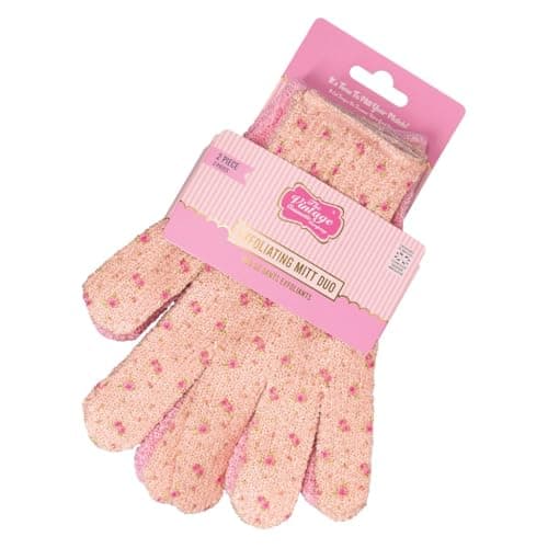 Image of The Vintage Cosmetic Company Exfoliating Gloves Duo, Floral Pattern Bath & Shower Mitts, Textured Body Scrub for Smooth Skin