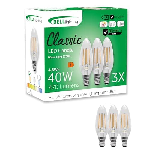 Image of BELL Lighting E14 LED Candle Bulbs 3 Pack | 4.5 W 470 Lumen Warm White 2700 K | Non-Dimmable Filament Candle Bulb | Small Edison Screw Cap SES Bulbs | Energy Saving 40 W Equivalent Decorative Lighting