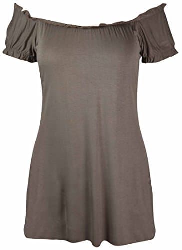 Image of New Ladies Off Shoulder Gathered T-Shirt Tops Womens Gypsy Boho Ruched Elasticated Stretch Top Plus Size Mocha Light Brown Size 14