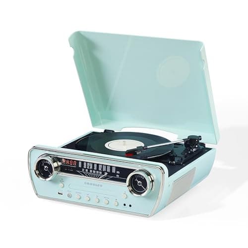 Image of Crosley Powel 7-in-1 Record Player with Speakers & CD Player - Vintage Car Design Bluetooth Turntable Entertainment System with AM/FM Radio - Retro Aqua Style for Vinyl, Digital & Wireless Music