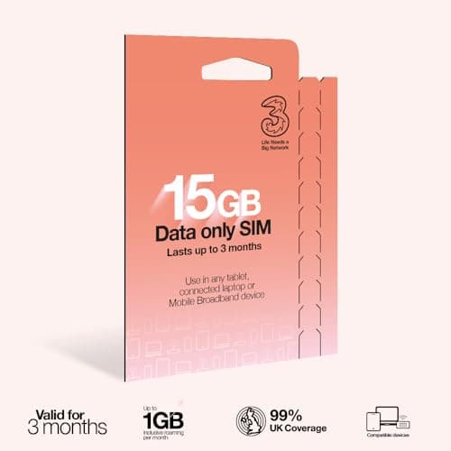 Image of Three PAYG Mobile Broadband SIM, Pre-loaded with 15GB of Data that Lasts up to 3 Months