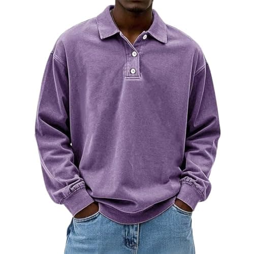 Image of Mens Shirts Vintage Rugby Polo Work Casual T Shirt Comfy Cotton Long Sleeve Button up Collared Sweatshirt Pullover Top, Purple, 3XL