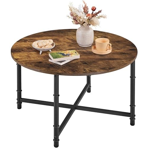 Image of Yaheetech Round Coffee Table, 80CM small coffee table for Living Room, Rustic Wood Coffee Table with Sturdy Metal Legs, Easy to Assemble