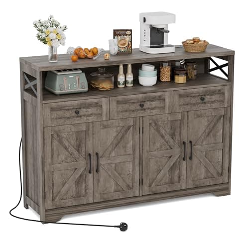 Image of BonVache Sideboards Cabinet with Power Outlets,Wooden Storage Sideboard with Adjustable Shelf,3 Drawers and Open Shelf,Buffet Cupboard for Living Room,Kitchen,Hallway, Dining Room,Dark Gray