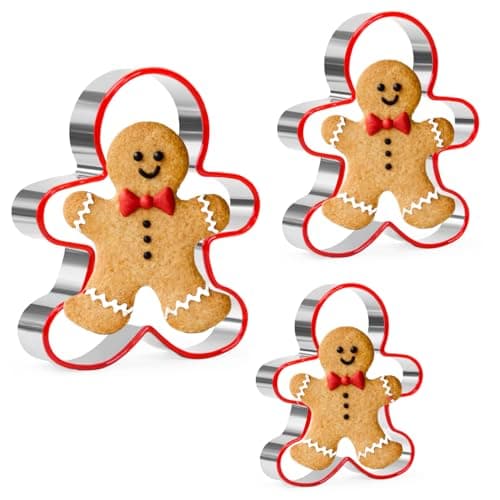 Image of Gingerbread Man Cookie Cutters Set, 3 PCS Gingerbread Man Biscut Cutters Set Stainless Steel Christmas Cookie Cutters with Red Environmental PVC Edge