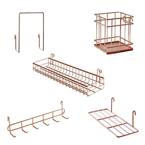 Image of PEAUARL Metal Mesh Wall Grid Panel Hanging Basket,Display shelf,Pen Holder,Hooks Rack,Bookshelf,Decorative Desk Storage Organizer For Office,Study,Set of 5 (Rose Gold)