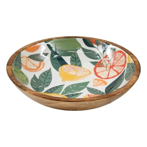 Image of Carousel Home Large White Citrus Zest Wooden Fruit Bowl | Mango Wood Enamel Salad Bowl | Decorative Serving Dish - 30cm