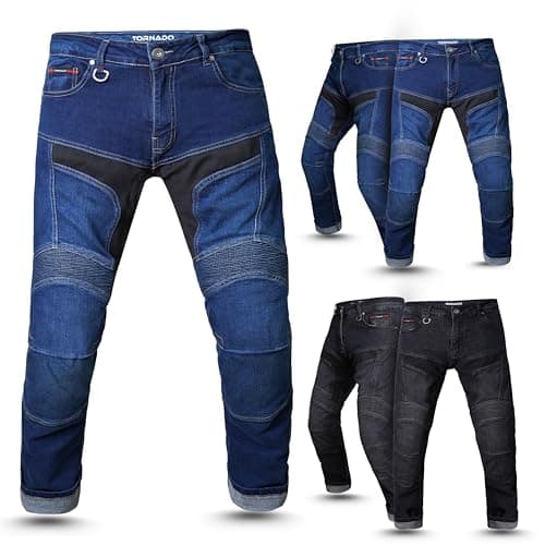 Image of Tornado Durt AA-Rated Motorcycle Jeans for Men Motorbike CE Level 2 Armour, 12oz Aramid Lined Denim with Adjustable Pads, Flex Panels & Reflective Cuffs (UK, Waist & Inseam, 36, 32, Blue)