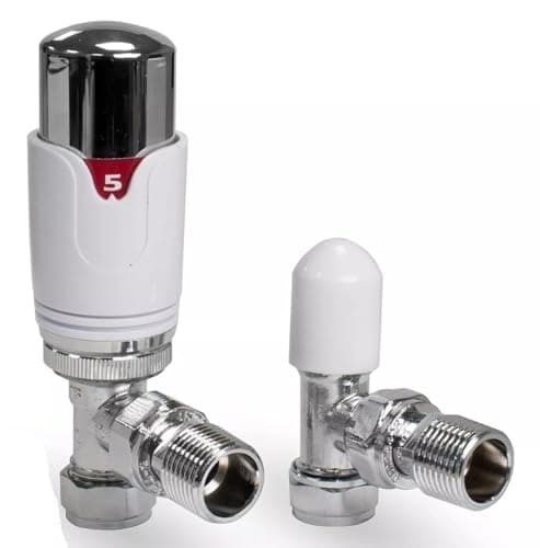 Image of TC Angled Thermostatic Radiator Valve TRV & Lockshield 15mm x 1/2" Drayton TRV4 Style Chrome White Angle Pack EM