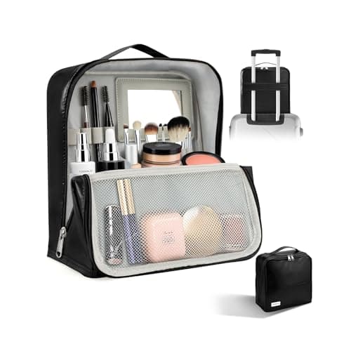 Image of Travel Makeup Bag, CS COSDDI Make Up Bags for Women Large Capacity Cosmetic Bags Waterproof Toiletry Bag with Luggage Compartment Tie and Detachable Mirror, Leather Portable Standing Makeup Bag