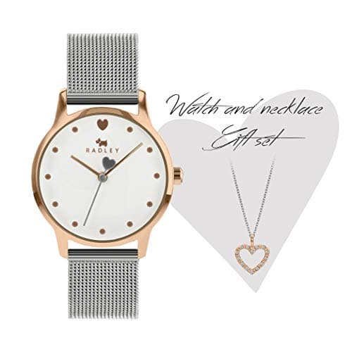 Image of RADLEY Heart Dial Ladies Silver Stainless Steel Mesh Strap Contrast Hand Watch with Heart Necklace RY4411A