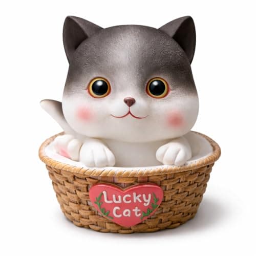Image of Cute Lucky Cat Money Box Resin Piggy Bank – Cartoon Cat Coin Bank for Kids & Adults, Decorative Saving Box for Home Desk Shelf Gift Idea, 18 x 15 cm (Grey Cat – Big Eyes)
