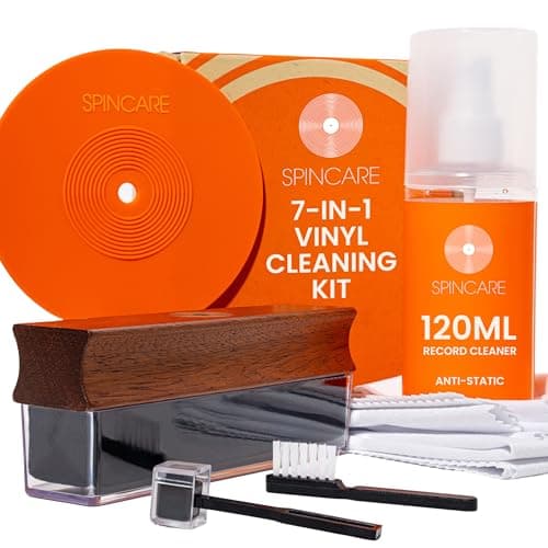 Image of SPINCARE Vinyl Record Cleaning Kit 7-in-1 LP Album Care Set | Solid Wood Velvet Record Brush & Dust Cover | Cleaning Solution 120 ml | Stylus Brush & Dust Cover | Label Protector | Microfibre Cloths