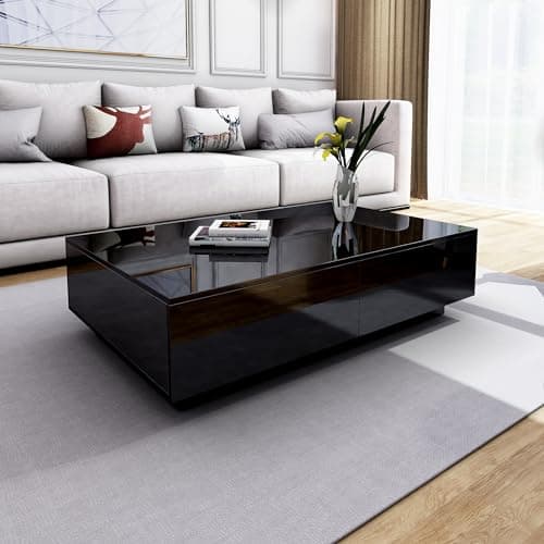 Image of AWOOD Coffee Table for Living Room, Modern Side Table Wooden Centre Table, Black High Gloss Coffee Tea Tables with 4 Drawers Storage for Home Office Furniture