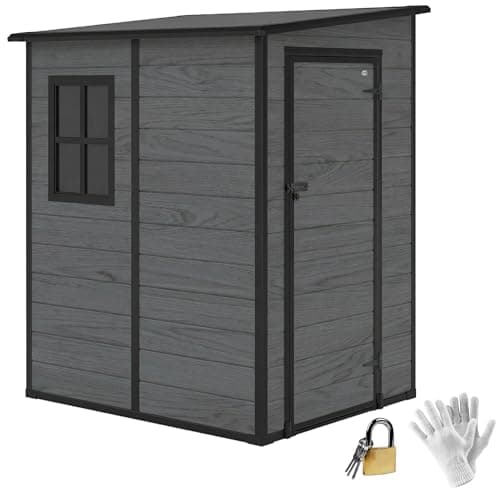 Image of Outsunny 4 x 5FT Plastic Garden Shed with Floor, All Weather Resin Outdoor Storage Shed, Lockable Tool Storage with Window, Vent and Pent Roof for Patio Lawn, Wood-Effect