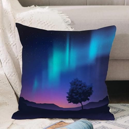 Image of longrema Throw Pillow Cushion Cover,Fantasy aurora borealis print with a tree in the arctic magical rare sky view,Pillow Cover for Home Livingroom Couch Bed Sofa Decorate 12 x 12 in
