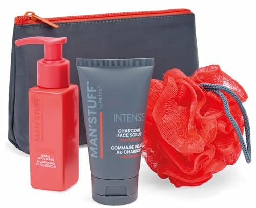Image of Man Stuff In The Bag Toiletry Gift Set – Men’s Wash Bag with 75ml Hair & Body Wash, 75ml Charcoal Face Scrub & Body Sponge – Sandalwood Fragrance – Travel Grooming Kit for Him