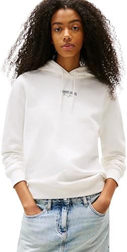 Image of Tommy Jeans Women's Tjw Reg Ess Logo 2 Hoodie Ext Dw0Dw20943 Pullover, White (Ecru), XL_Plus