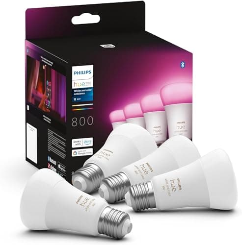 Image of Philips Hue New White and Colour Ambiance Smart Light Bulb 4 Pack 60W - 800 Lumen [E27 Edison Screw] with Bluetooth. Works with Alexa, Google Assistant and Apple Homekit