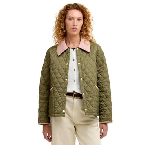 Image of Barbour Women's Icons Cropped Liddesdale Quilted Jacket, Bleached Olive/Ancient/Gardenia, Bleached Olive/Ancient/Gardenia, 18