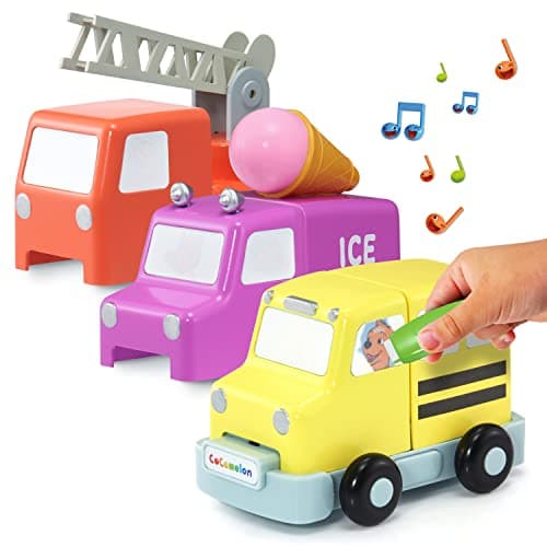 Image of WOW! STUFF - CoComelon Toys Build and Reveal Musical Vehicles, School Bus Fire Engine and Ice Cream Van, Sounds and Songs with Mystery Surprise Reveal, for Toddlers, Girls and Boys, Ages 2,3,4 and 5