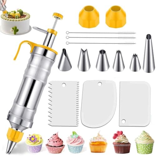 Image of Icing Piping Sets for Cake, Stainless Steel Icing Tips for Dessert Cake Decorating, Piping Icing Syringe Set for Cupcake, DIY Cake Baking Tools with 6 Pcs Syringe Nozzles and Cream Scraper, Yellow