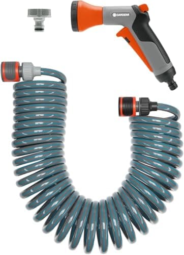 Image of Gardena Spiral Hose Set 10 m: Spiral Garden Hose for Casting and Irrigation Smaller Surfaces, Restoring Force, Diameter 9 mm, with Gardena System Parts and Shower (4647-20)
