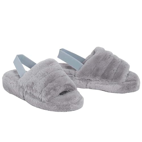 Image of shelikes Womens Sliders Ladies Fluffy Faux Fur Peep Toe Warm Winter Slipper Light Grey