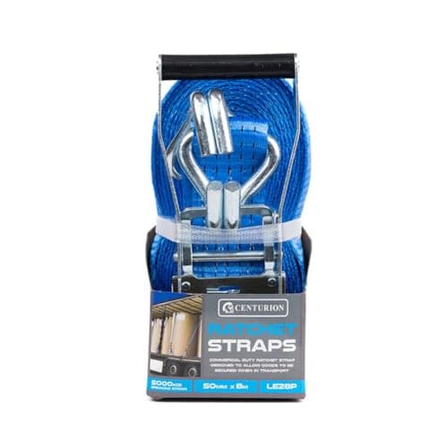 Image of Centurion LE28P Heavy Duty Ratchet Strap 8m x 50mm - 5000kg Break Strength | Double J Hooks | EN12195-2 Compliant Tie Down Strap for Cargo, Trailers, Vans & Trucks