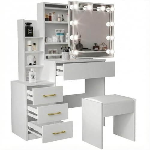 Image of Blisswood Dressing Table with Mirror and Stool, Vanity Desk with 4 Drawer 3 open Storage Shelves and 3 Hidden Shelves with LED Bulbs, Modern Makeup Table for Bedroom & Living Room (White)
