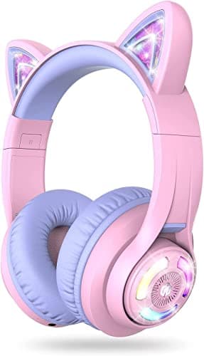 Image of iClever Kids Bluetooth Headphones, BTH13 Cat Ear LED Light Up Kids Headphones Wireless, 50H Playtime, 74/85dBA Volume Limiting Children Headphone with Microphone Over Ear for School/Tablet/PC