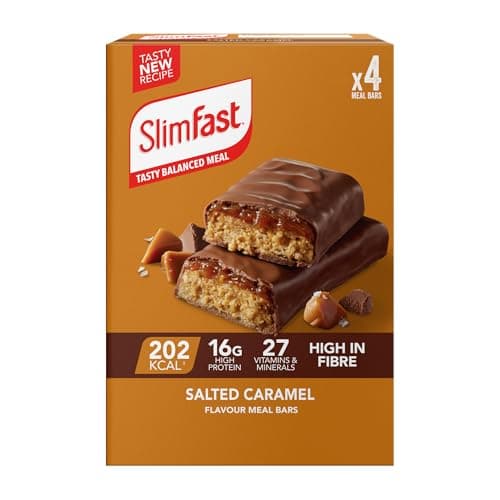 Image of SlimFast Salted Caramel Meal Bar, 16 g Protein, 202 Calories, 27 Vitamins & Minerals, Have as a Meal Replacement for Weight Management or as a High-Protein Snack for Work, Gym & Travel, 4x60 g
