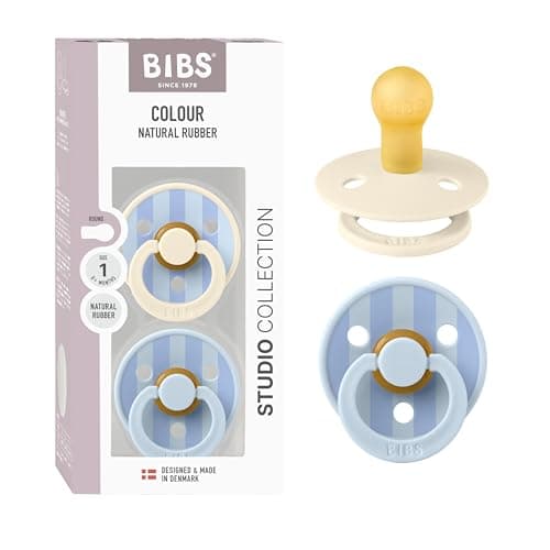 Image of BIBS Pacifiers - Colour Studio 2 Pack | Round Nipple Baby Pacifier | BPA Free Natural Rubber Latex Soother | Made in Denmark | Size 0+ Months | Block Baby Blue Dusty Blue