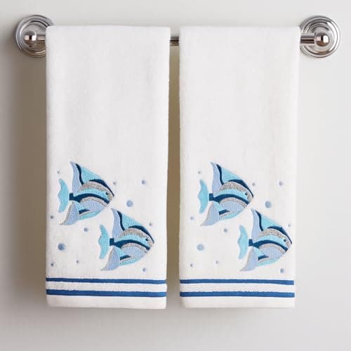 Image of Coastal Bathroom Hand Towels – Set of 2 White 100% Cotton Embroidered Bubble Fish Design – 25 x 16” Decorative Bath & Kitchen Towels