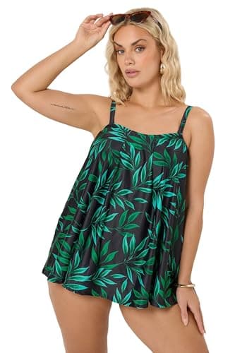 Image of Yours Curve Leaf Print Pleated Tankini Top - Women's - Plus Size Curve Black