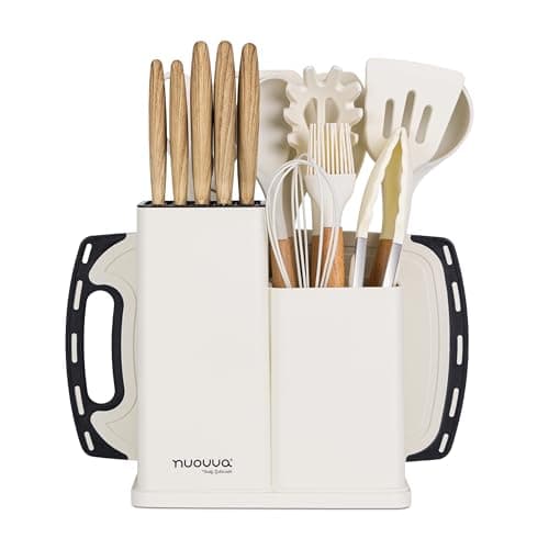 Image of Cooking Utensils Set with Chopping Board – Knife Set with Block – Heat Resistant Silicone Utensils with Wooden Handle, Spoons, Ladles & Spatula – Kitchen Tools & Accessories – 17pcs, Cream – by Nuovva